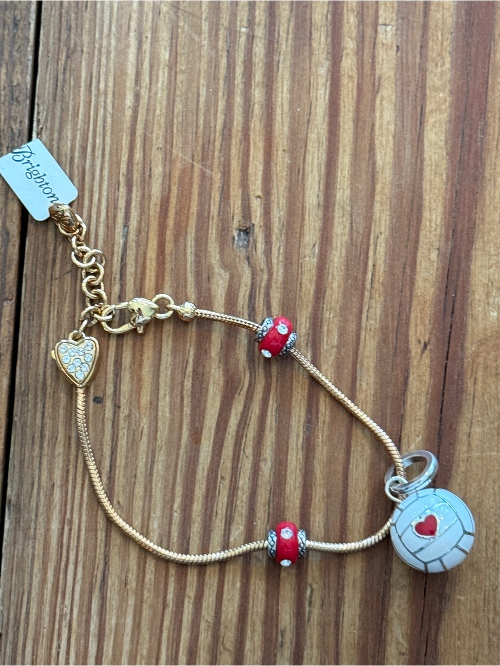 Brighton Gold-Tone Bracelet volleyball with Red Enamel Beads and Heart Charm NEW